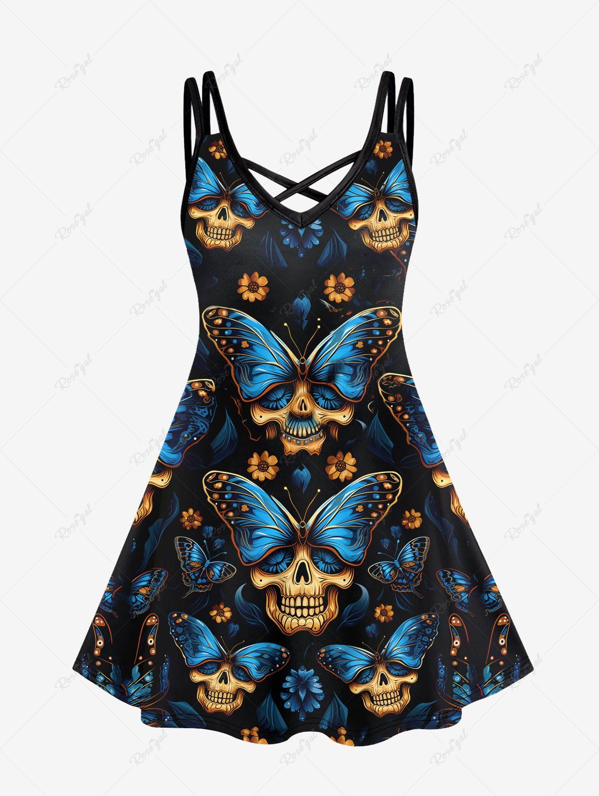 Online Gothic Butterfly Skull Floral Glitter Print Crisscross Halloween Cami Dress  
