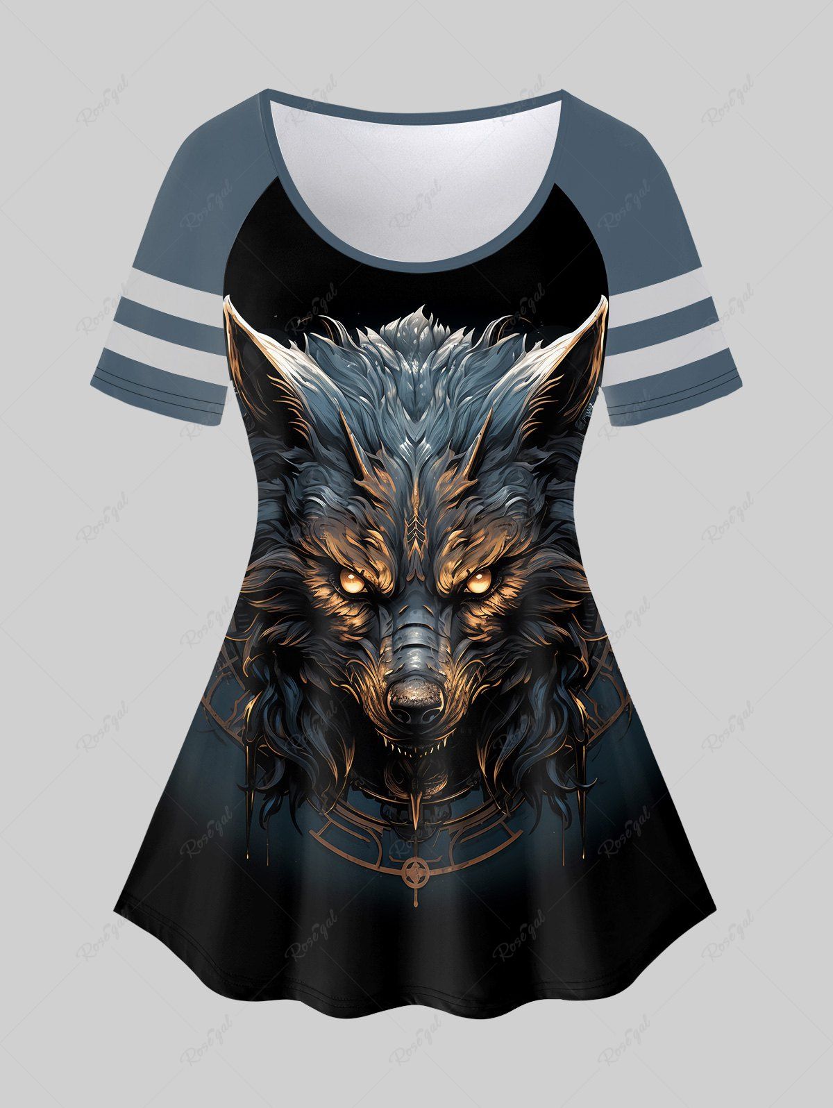 T-shirt Gothique Rayé Loup Imprimé à Manches Raglan à Paillettes Noir 3X