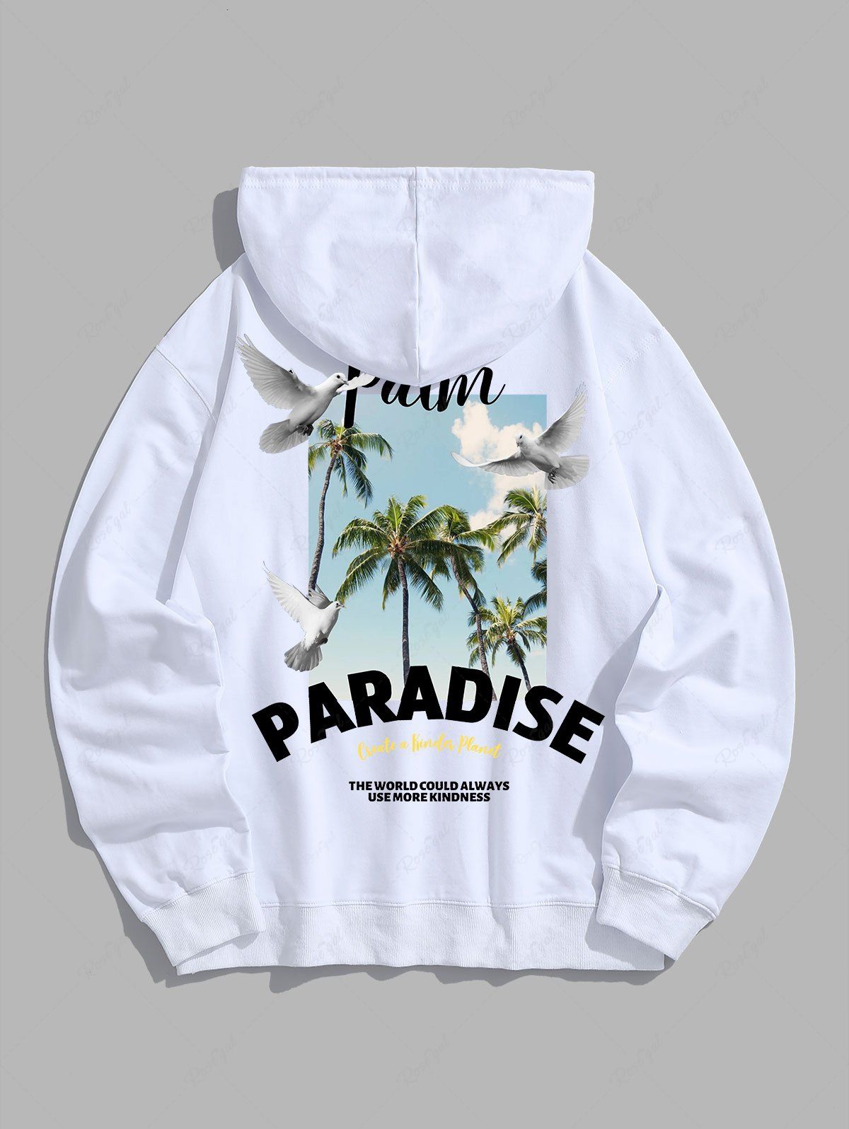 Cheap Men's PARADISE Letter Coconut Tree Graphic Pattern Kangaroo Pocket Pullover Hoodie  