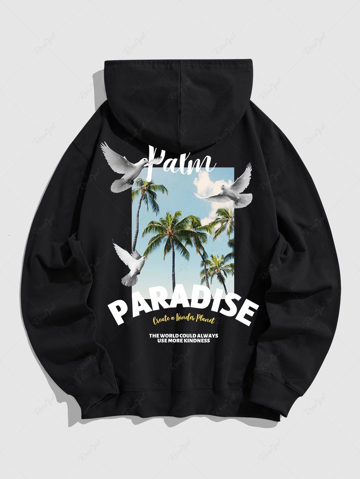 Shop Men's PARADISE Letter Coconut Tree Graphic Pattern Kangaroo Pocket Pullover Hoodie  