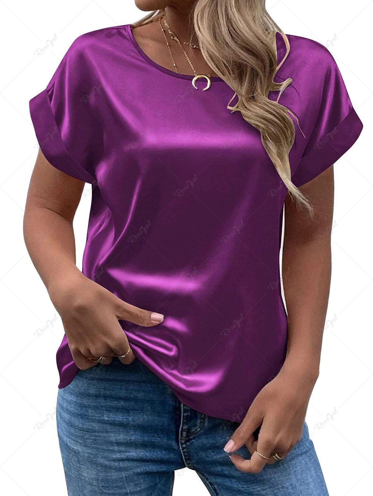 Plus Size Roll Up Sleeves Silky Solid Short Sleeves T-shirt Concorde L