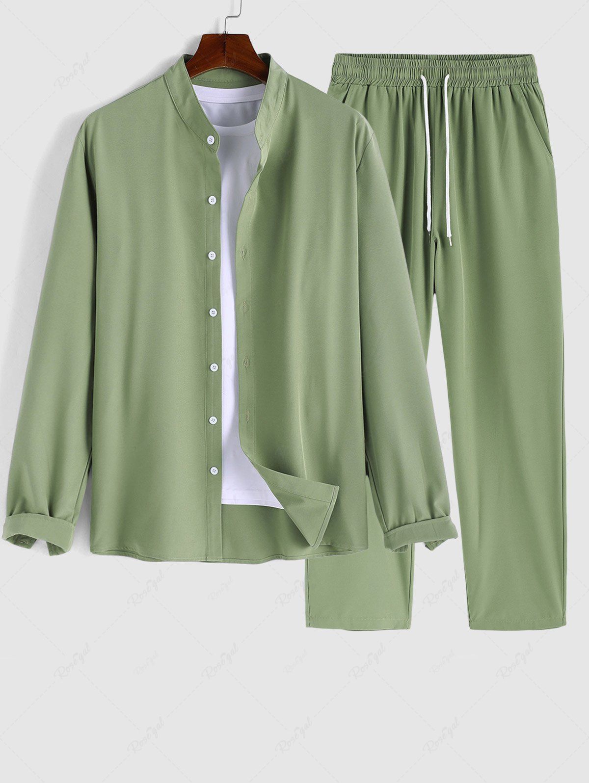 Outfits Men's Minimalist Style Solid Color Stand Collar Long Sleeves Button Front Shirt and Drawstring Pants Set  
