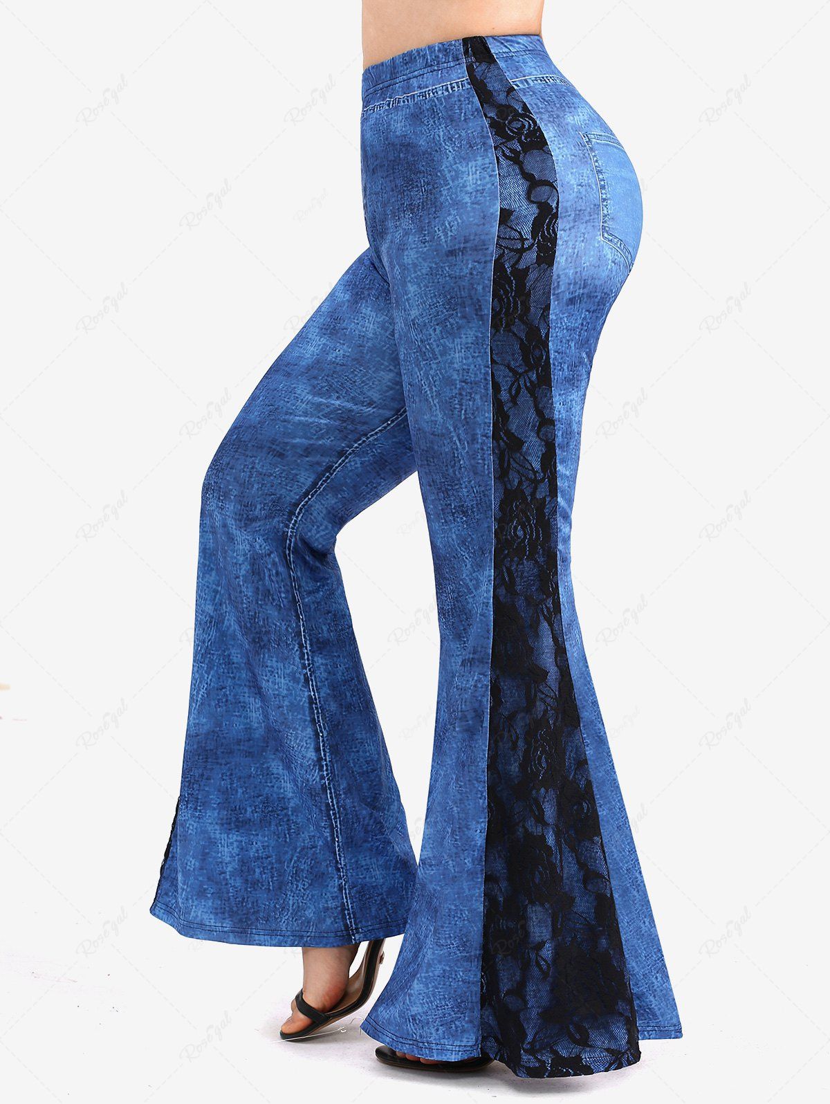 Outfit Plus Size Side Floral Lace Panel Pockets Denim Patchwork Flare Pants  