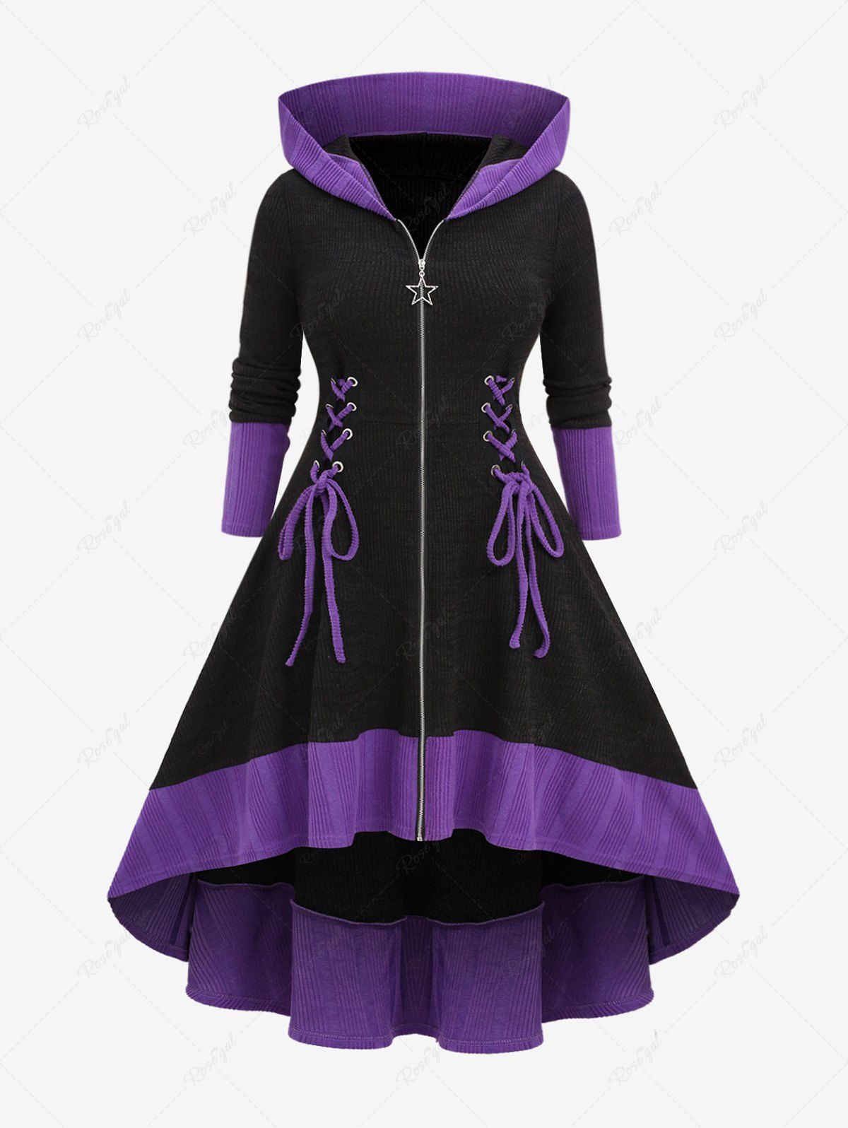 Shop Plus Size Pentagram Zipper Lace Up Hooded Sweater Dress  