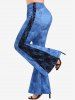 Plus Size Side Floral Lace Panel Pockets Denim Patchwork Flare Pants -  