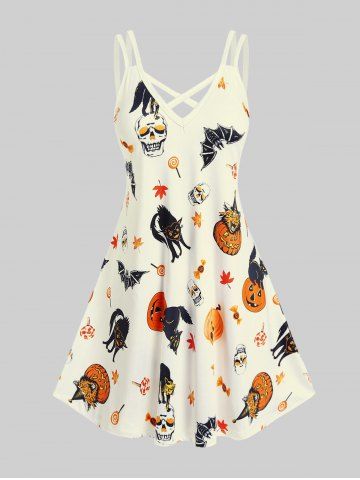 Halloween Pumpkins Skulls Cat Printed Crisscross Sleeveless A Line Dress - WHITE - S | US 8