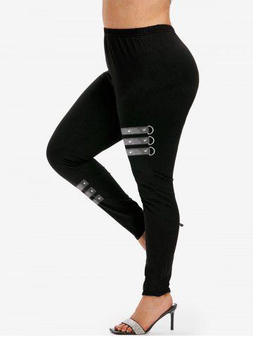 Plus Size Rivet Leather Stripe 3D Print Leggings - BLACK - 2X