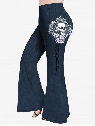 Plus Size Flower Skull Lace Up 3D Print Flare Pants - DEEP BLUE - 1X