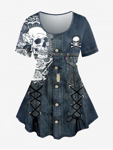 Plus Size Skull Buttons Lace Up Denim 3D Print T-shirt - DEEP BLUE - XS