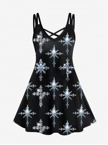 Gothic Glitter Cross Print Crisscross Cami Dress - BLACK - XS