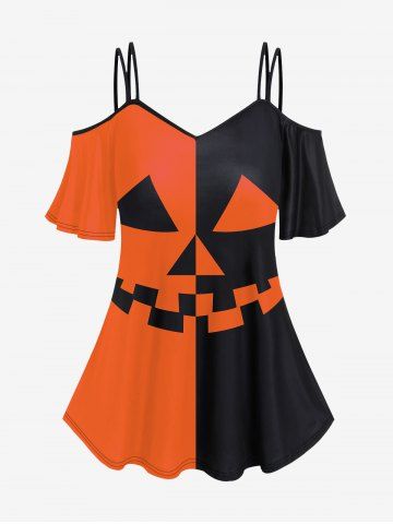 Gothic Pumpkin Geometric Print Halloween Cold Shoulder Cami T-shirt - ORANGE - XS