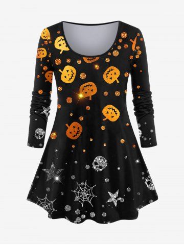 Plus Size Pumpkin Skull Star Spider Web Glitter Print Halloween T-shirt - BLACK - M