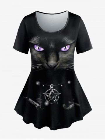 Plus Size Cat Pentagram Feather Glitter Print Short Sleeves T-shirt - BLACK - 1X