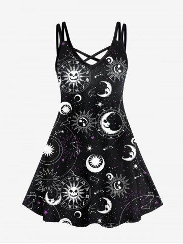 Gothic Sun Moon Star Symbol Skull Print Crisscross Cami Dress - BLACK - XS