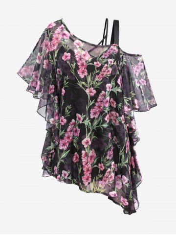 Plus Size Crisscross Cami Top and Flower Print Chiffon Cold Shoulder T-shirt - BLACK - M | US 10