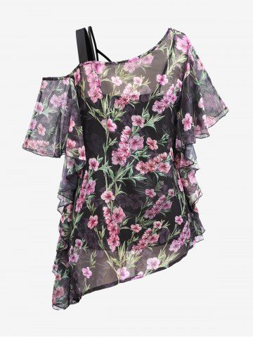 Plus Size Crisscross Cami Top And Flower Print Chiffon Cold Shoulder T-shirt  [35% OFF]