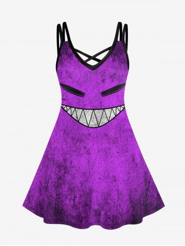 Plus Size Demon Face Print Crisscross Cami Dress - PURPLE - S