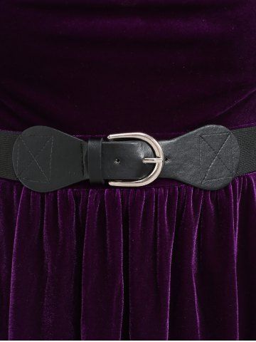 Plus Size PU Panel Ruched Cowl Neck Buckle Belted Velvet Long Sleeves Top