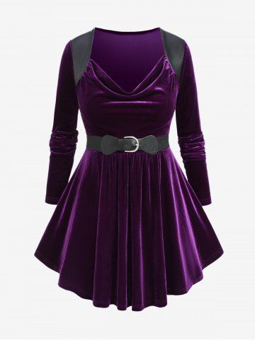 Plus Size PU Panel Ruched Cowl Neck Buckle Belted Velvet Long Sleeves Top - PURPLE - 2X | US 18-20