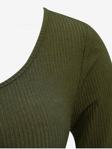 Plus Size Lace Up PU Straps Buckle Grommet Ribbed Textured Ruched Solid Long Sleeves Knit Sweater