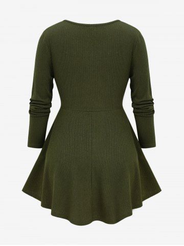 Plus Size Lace Up PU Straps Buckle Grommet Ribbed Textured Ruched Solid Long Sleeves Knit Sweater