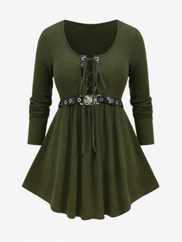 Plus Size Lace Up PU Straps Buckle Grommet Ribbed Textured Ruched Solid Long Sleeves Knit Sweater - DEEP GREEN - 1X | US 14-16