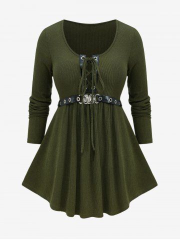 Plus Size Lace Up PU Straps Buckle Grommet Ribbed Textured Ruched Solid Long Sleeves Knit Sweater - DEEP GREEN - 2X | US 18-20