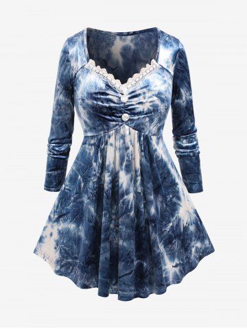 Plus Size Distressed Tie Dye Mock Buttons Lace Trim Ruched Long Sleeves Top - DEEP BLUE - L | US 12