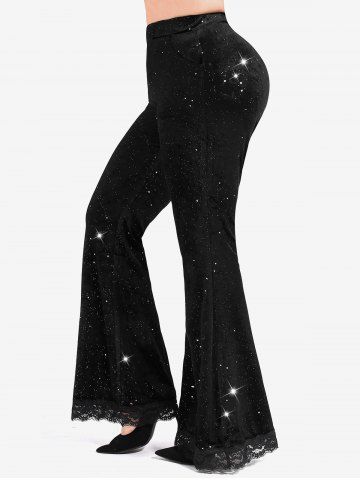Plus Size Glitter Galaxy Pockets Lace Trim Flare Pants - BLACK - L | US 12