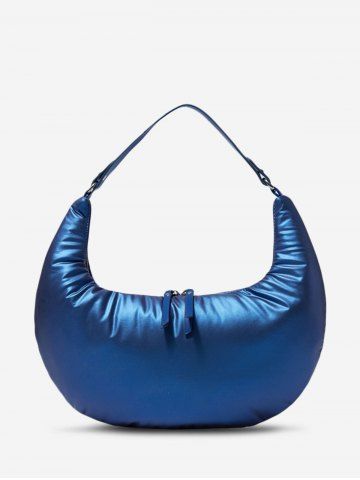 Women's Solid Color Puffer Down Quilted Crescent Moon Shoulder Bag - COBALT BLUE