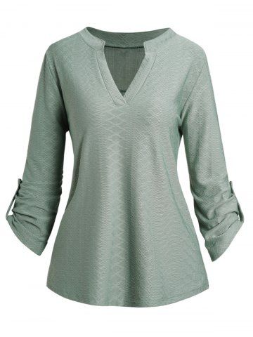 V Notched Textured Long Sleeve Casual Top - LIGHT GREEN - M