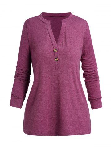 Heathered V Notched Long Sleeve Top - CONCORD - M