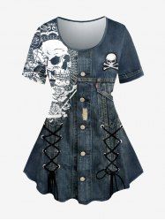 Plus Size Skull Buttons Lace Up Denim 3D Print T-shirt -  