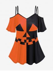 T-shirt D'Halloween Gothique Citrouille Imprimée à Epaule Dénudée - Orange L