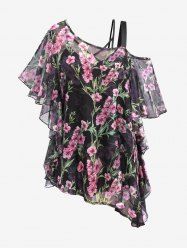 Plus Size Crisscross Cami Top and Flower Print Chiffon Cold Shoulder T-shirt -  