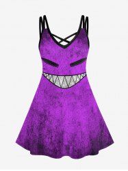 Plus Size Demon Face Print Crisscross Cami Dress -  