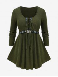 Plus Size Lace Up PU Straps Buckle Grommet Ribbed Textured Ruched Solid Long Sleeves Knit Sweater -  