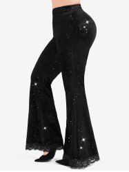 Plus Size Glitter Galaxy Pockets Lace Trim Flare Pants -  