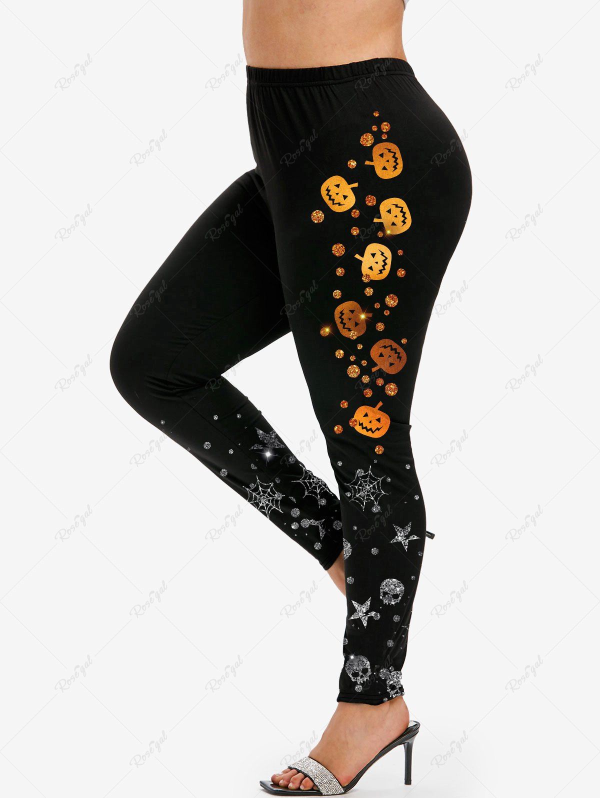 Outfits Plus Size Pumpkin Skull Star Spider Web Glitter Print Halloween Leggings  