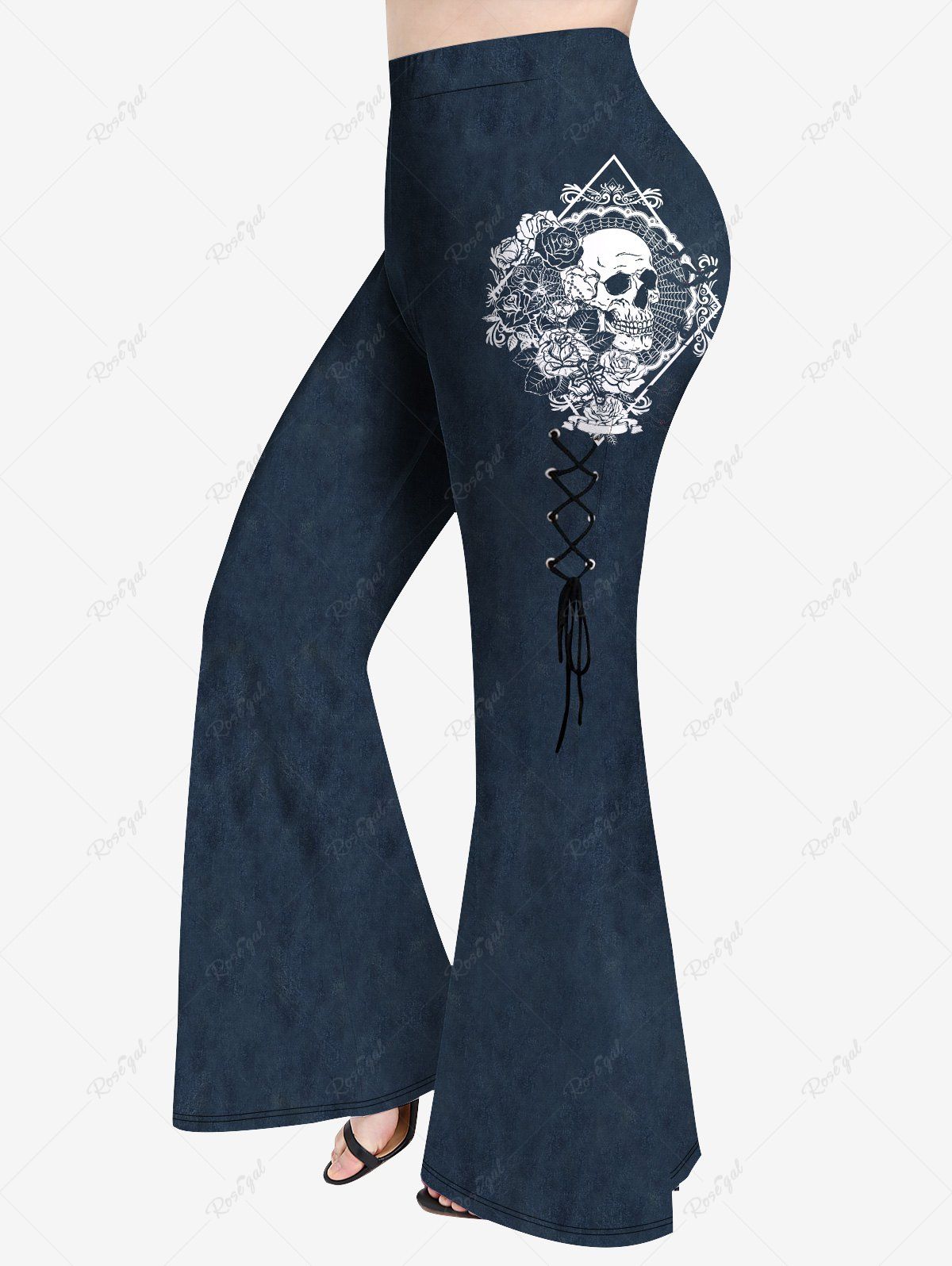 Fancy Plus Size Flower Skull Lace Up 3D Print Flare Pants  