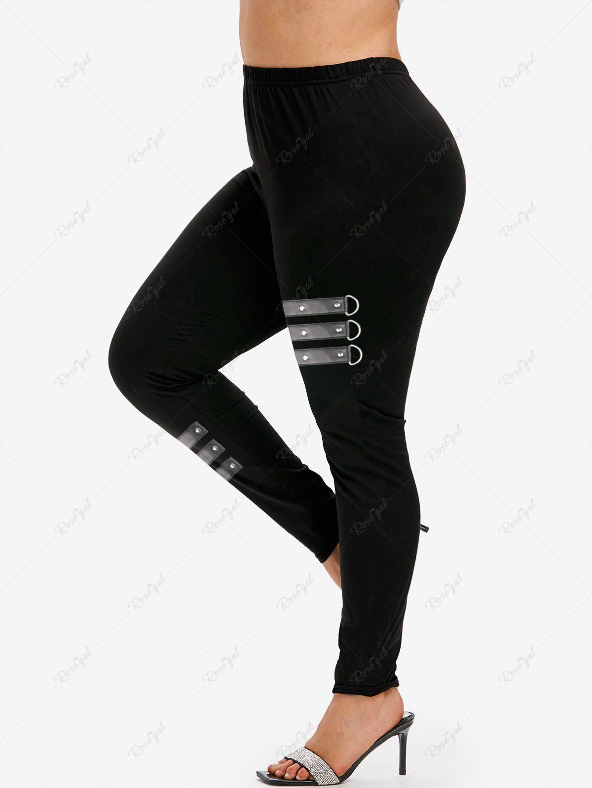 Legging 3D Rayure Imprimée de Grande Taille avec Rivet en Cuir Noir 6X