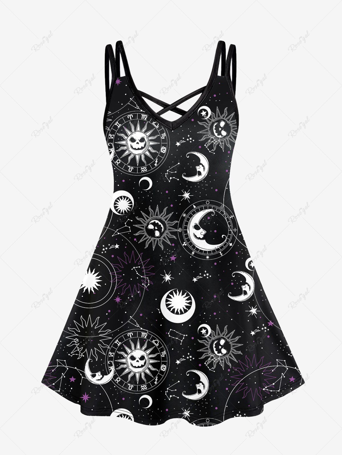 Outfits Gothic Sun Moon Star Symbol Skull Print Crisscross Cami Dress  