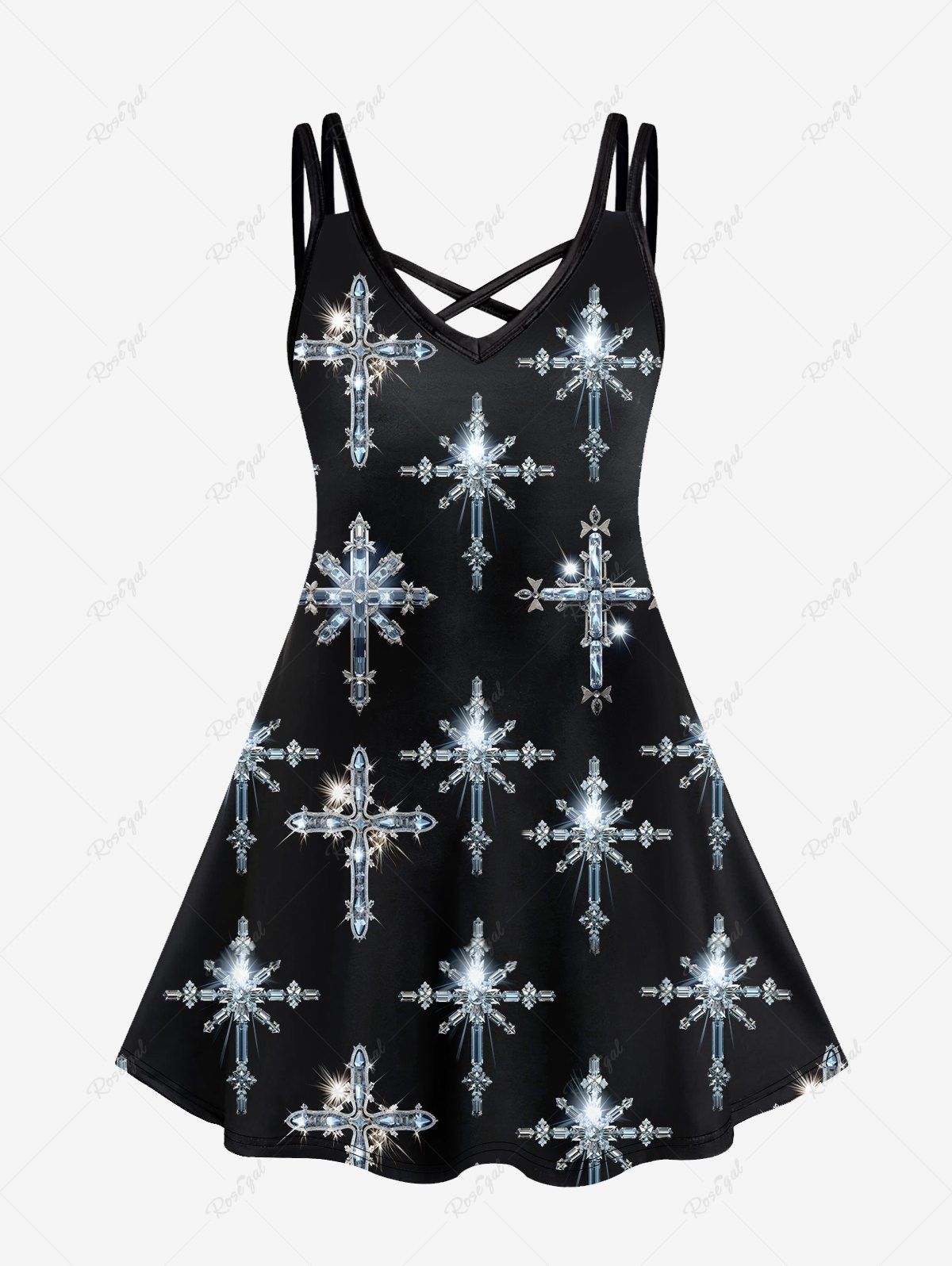 Trendy Gothic Glitter Cross Print Crisscross Cami Dress  