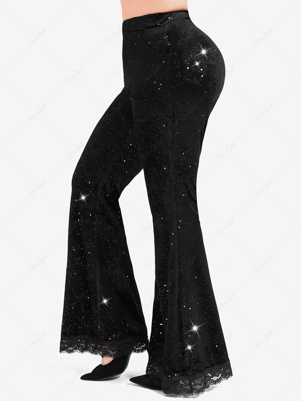Affordable Plus Size Glitter Galaxy Pockets Lace Trim Flare Pants  