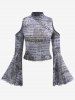 Gothic Newspaper Letters Print Mesh Cold Shoulder Flare Sleeves Cropped T-shirt -  