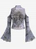 Gothic Newspaper Letters Print Mesh Cold Shoulder Flare Sleeves Cropped T-shirt -  