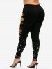 Plus Size Pumpkin Skull Star Spider Web Glitter Print Halloween Leggings -  