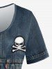 Plus Size Skull Buttons Lace Up Denim 3D Print T-shirt -  