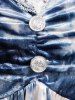 Plus Size Distressed Tie Dye Mock Buttons Lace Trim Ruched Long Sleeves Top -  