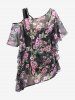 T-shirt à Bretelle Croisée Fleur Imprimée de Grande Taille en Mousseline à Epaule Dénudée - Noir L | US 12